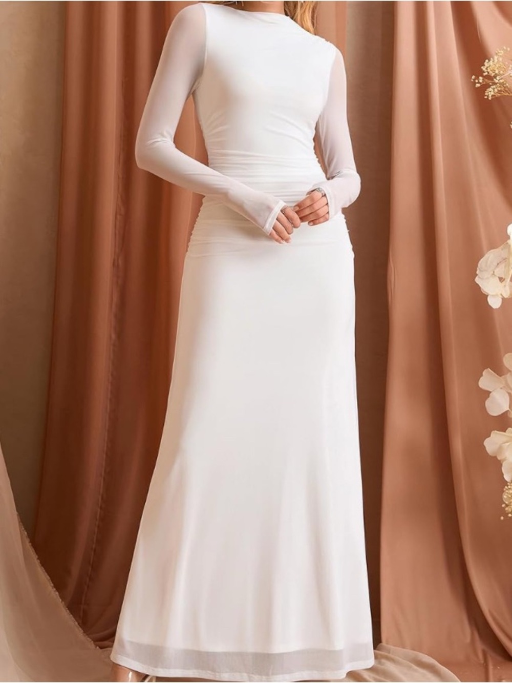 Sleek White Long-Sleeve Maxi Dress with Sheer Sleeves